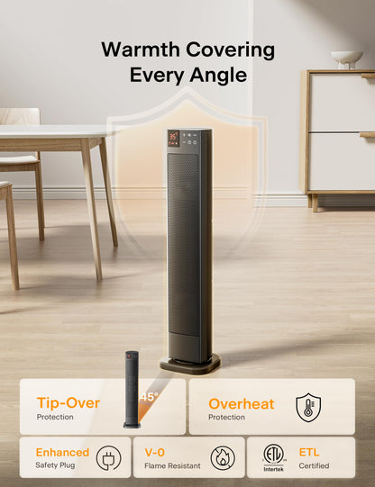 PELONIS 30” Ceramic Tower Space Heater for Bedroom, Electric Room Heater with Adjustable Thermostat, 75° Oscillation, Remote Control & 12H Timer, Tip-Over Switch & Overheating Protection, 1500W, Black