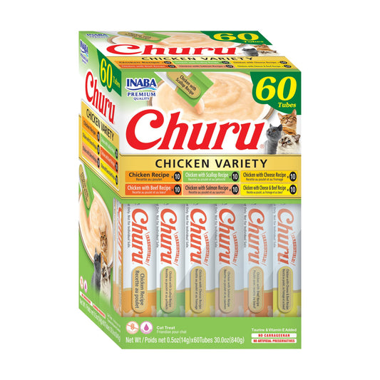 INABA Churu Cat Treats, Lickable, Squeezable Creamy Purée Cat Treat with Green Tea Extract & Taurine, 14 Grams Each Tube, 60 Tubes, Chicken Variety Box