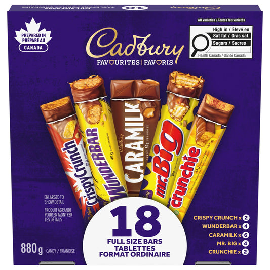 Cadbury 18-Bar Chocolate Variety Pack with Caramilk, Mr. Big, Wunderbar, Crunchie & Crispy Crunch - 880g