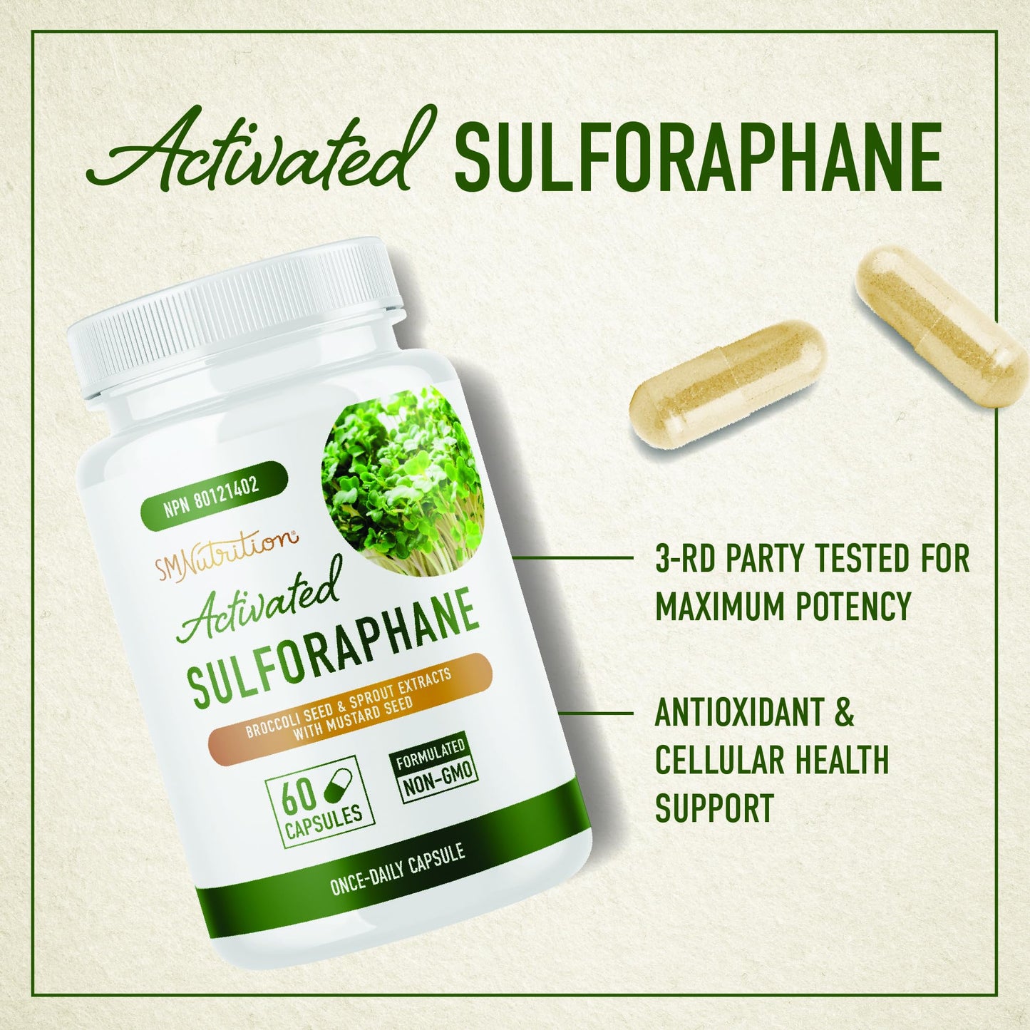 Sulforaphane Supplement from Broccoli Sprouts | 405mg Complex | NRF2 Activation With Glucoraphanin, Broccoli Seed Extract, & Mustard Seed | Supports Cellular Health with Antioxidants | 60 Capsules - Available at All In One Marketplace Canada