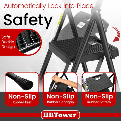 HBTower 3 Step Ladder, Folding Step Stool with Wide Anti-Slip Pedal, 500lbs Sturdy Steel Ladder, Convenient Handgrip, Lightweight, Portable Steel Step Stool, Black - Available at All In One Marketplace Canada