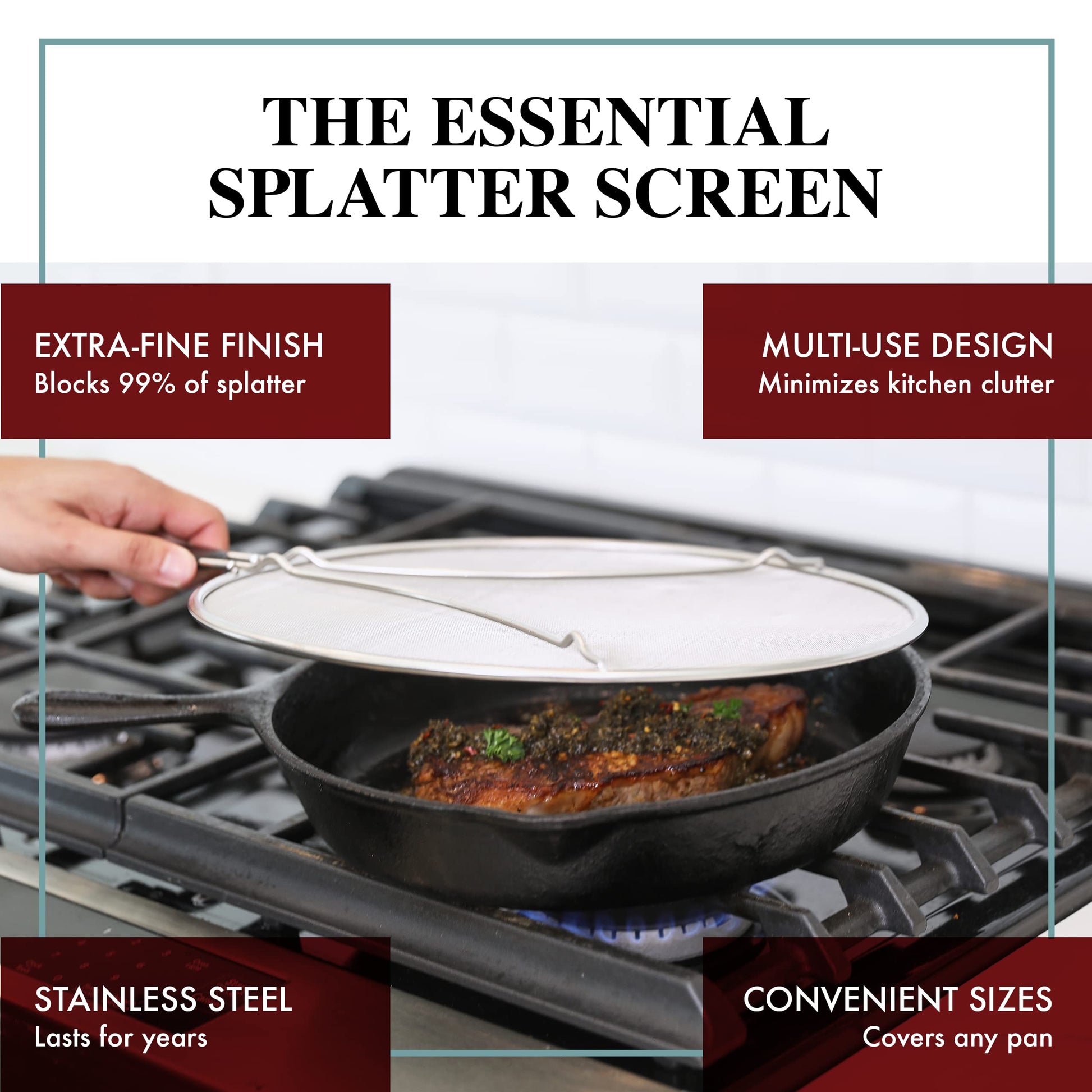 Splatter Screen for Frying Pan - 13 Inch Stainless Steel Grease Splatter Guard - Cover Oil Splash When Sizzling Bacon, Cooking Fried Chicken or Popcorn - Available at All In One Marketplace Canada