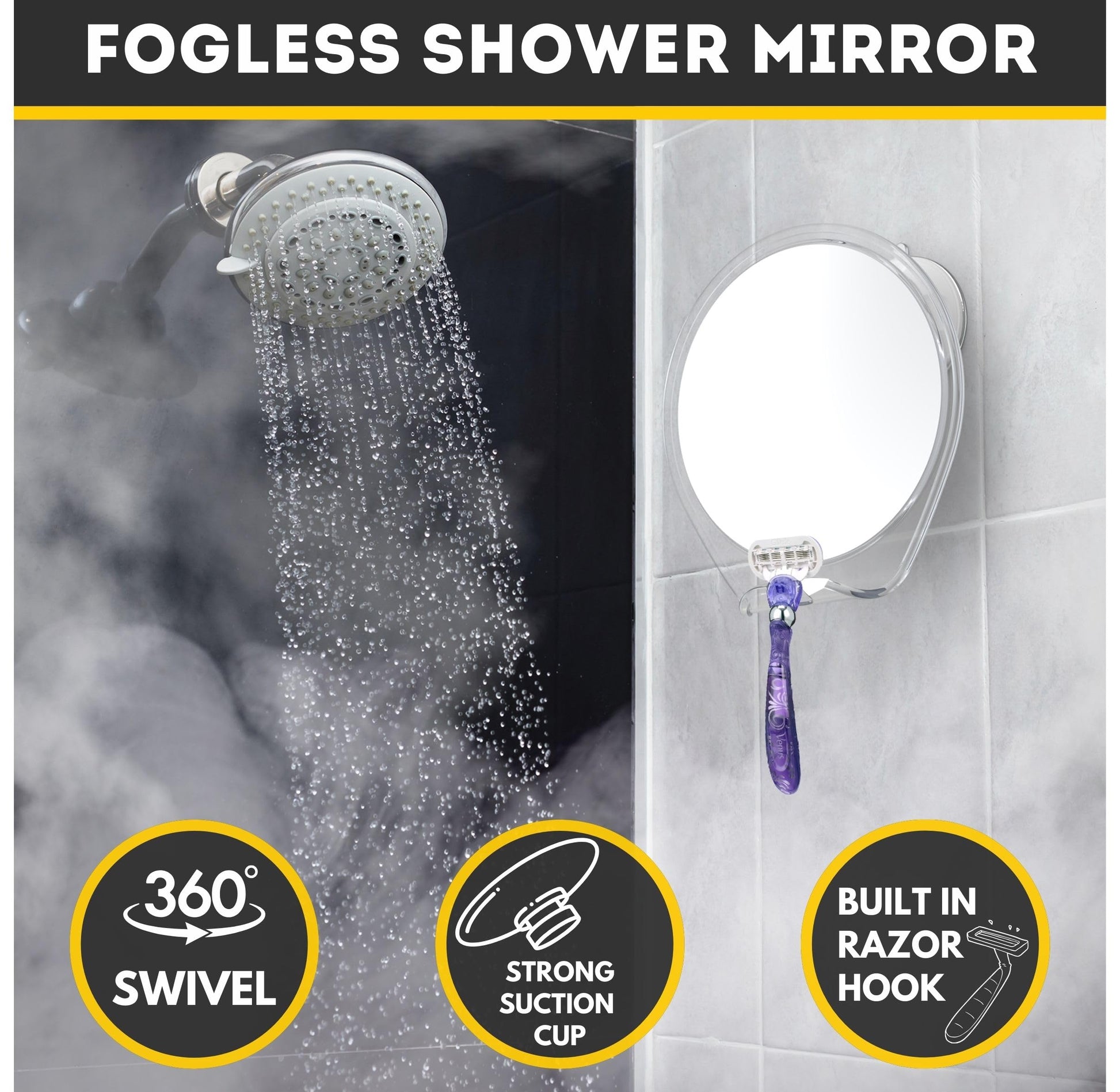 HONEYBULL Fogless Shower Mirror with Suction Mount & Swivel – Anti-Fog Acrylic Bathroom Mirror for Shaving – Built-in Razor Holder, Easy Install, Home Shower Accessory (White) - Available at All In One Marketplace Canada