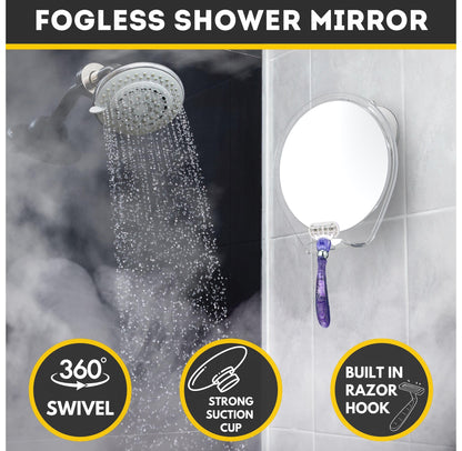 HONEYBULL Fogless Shower Mirror with Suction Mount & Swivel – Anti-Fog Acrylic Bathroom Mirror for Shaving – Built-in Razor Holder, Easy Install, Home Shower Accessory (White) - Available at All In One Marketplace Canada