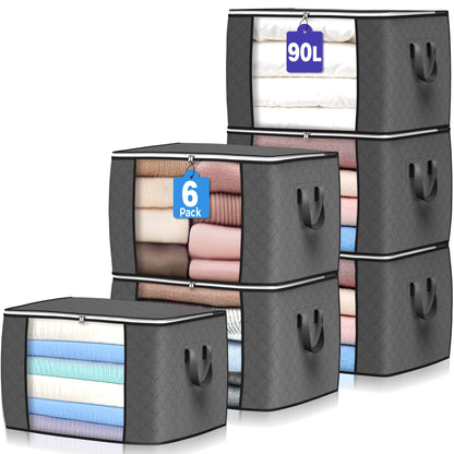 90 L Large Storage Bags, 6 Pack Clothes Storage Bins Foldable Closet Organizers and Storage Containers with Reinforced Handle for Clothing, Blanket, Comforters, Bed Sheets, Pillows and Toys (Gray) - Available at All In One Marketplace Canada