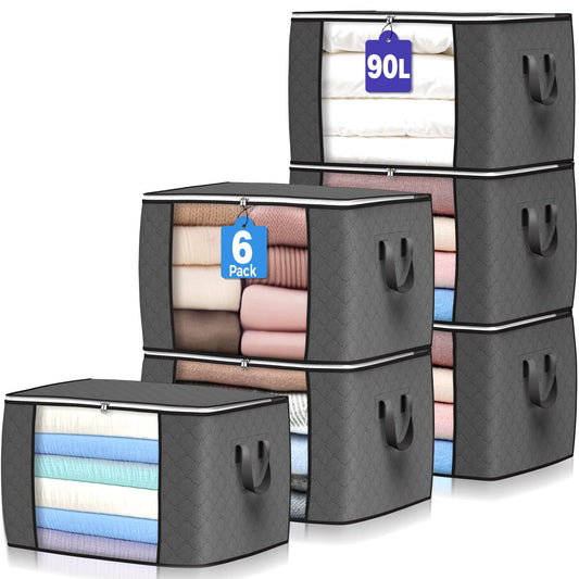 90 L Large Storage Bags, 6 Pack Clothes Storage Bins Foldable Closet Organizers and Storage Containers with Reinforced Handle for Clothing, Blanket, Comforters, Bed Sheets, Pillows and Toys (Gray) - Available at All In One Marketplace Canada