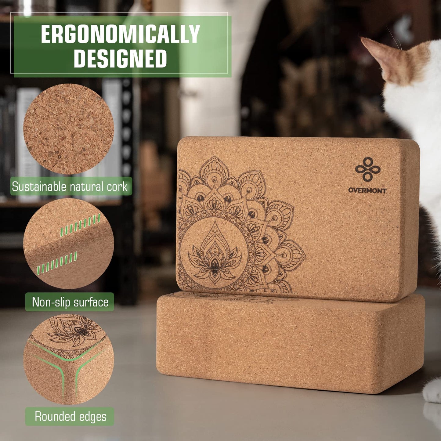 Overmont Cork Yoga Blocks 2 pack with Strap Set Natural Cork Yoga Bricks- High Density & Non-Slip Yoga Accessories for Women - Ideal for Yoga Pilates Fitness and Stretching 9x6x3'' OVERMONT