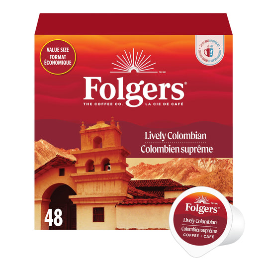 Folgers Lively Colombian Medium Roast Single-Serve Coffee Pods – 48 Count, Arabica Beans for Hot or Iced Coffee