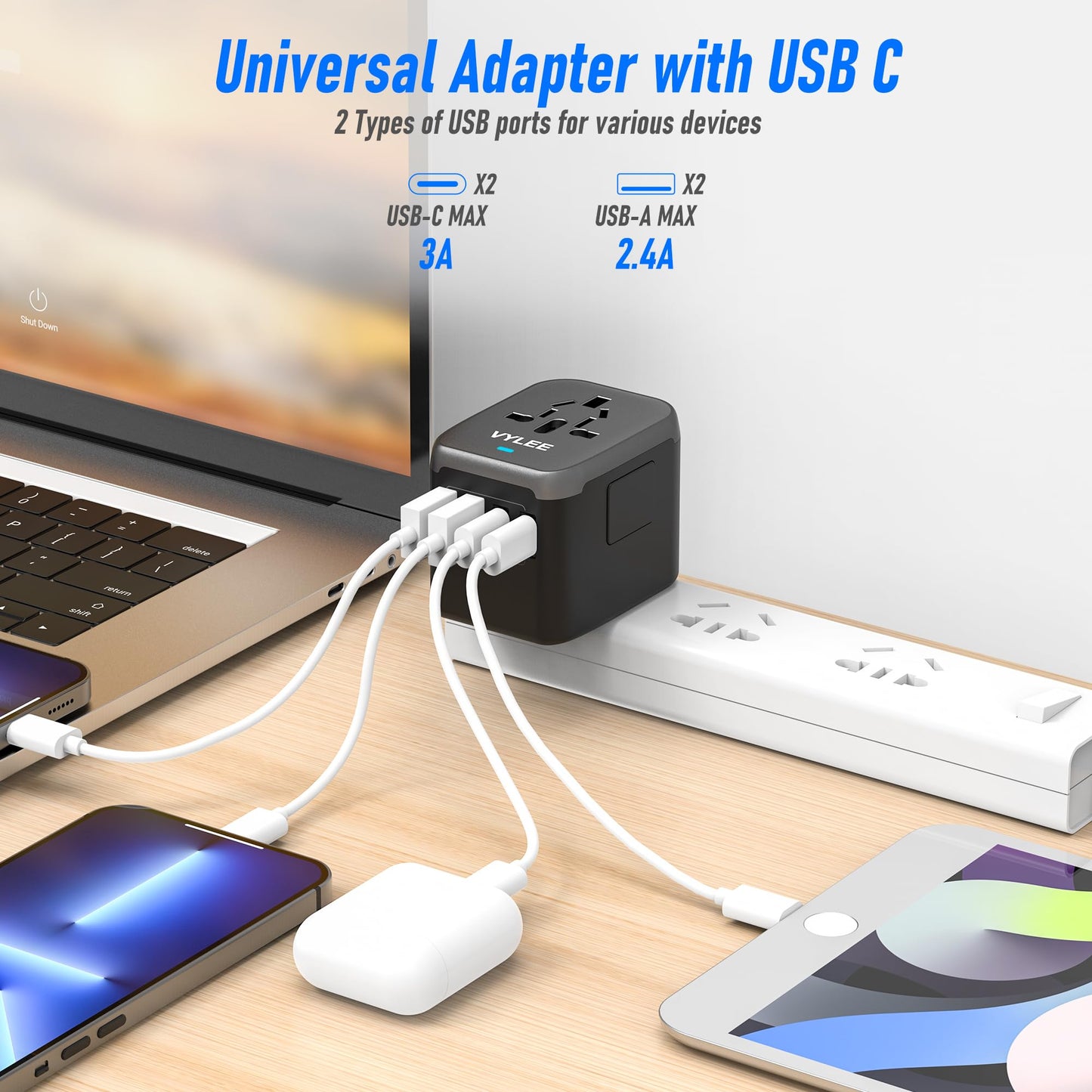 VYLEE Universal International Power Travel Plug Adapter, 5 in 1 European Travel Plug Adapter W/ 3.5A 2xUSB-A and 2xUSB C Wall Charger and Worldwide AC Outlet for Europe USA UK AUS Asia (Black Grey)