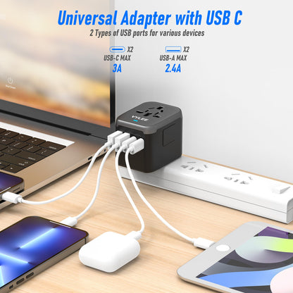 VYLEE Universal International Power Travel Plug Adapter, 5 in 1 European Travel Plug Adapter W/ 3.5A 2xUSB-A and 2xUSB C Wall Charger and Worldwide AC Outlet for Europe USA UK AUS Asia (Black Grey)