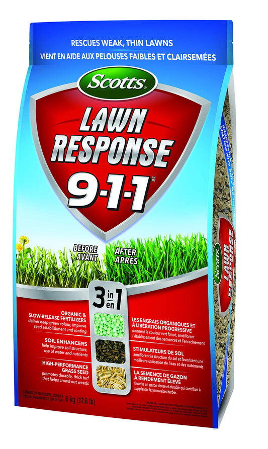 Scotts Lawn Response 9-1-1, 8kg (200 sq Meters / 2,150 sq feet Coverage) | Seed, Fertilizer & Soil Enhancer for Thick, Green Lawns | All-in-one Lawn Solution