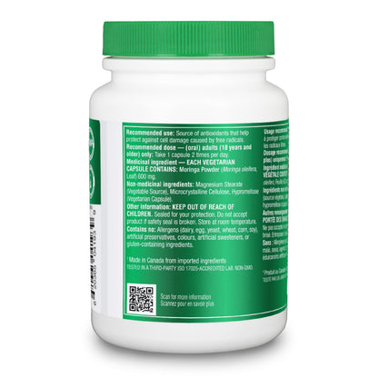 Organika Canadian-Made Moringa Leaf Extract- 1200mg Daily Dose, High Potency, Powerful Antioxidant, Anti-Inflammatory, Blood-Sugar Support, Detox, Source of Vitamins and Minerals- 120vcaps Organika