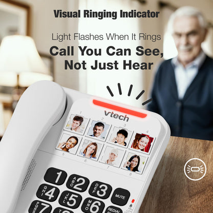 VTech Corded Phone with Oversized High-Contrast Buttons, 8 Photo Speed Dial, Large Buttons, Talking Digits for Seniors, Visual Ringer, Full-Duplex, Earpiece and Speakerphone Volume Control | SN1117 VTech