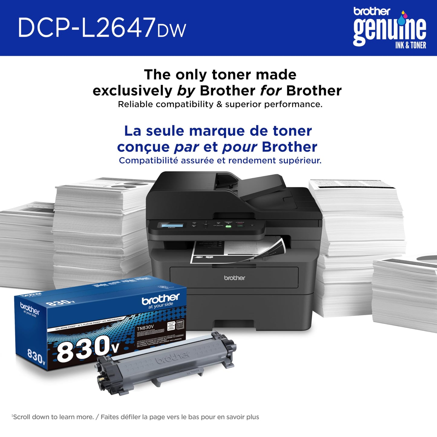 Brother DCP-L2647DW Compact Wireless Monochrome Laser Printer with Scanner, 250-Sheet PaperTray