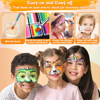 Face Painting Kit for Kid Adult, 12x10gm Split Cake FacePaint Palette WaterBased Paint With Stencil Brush Glitter Crayon, Professional Face Body Paint Set for Party Birthday Halloween Christmas Makeup 🍁 All In One Marketplace Canada