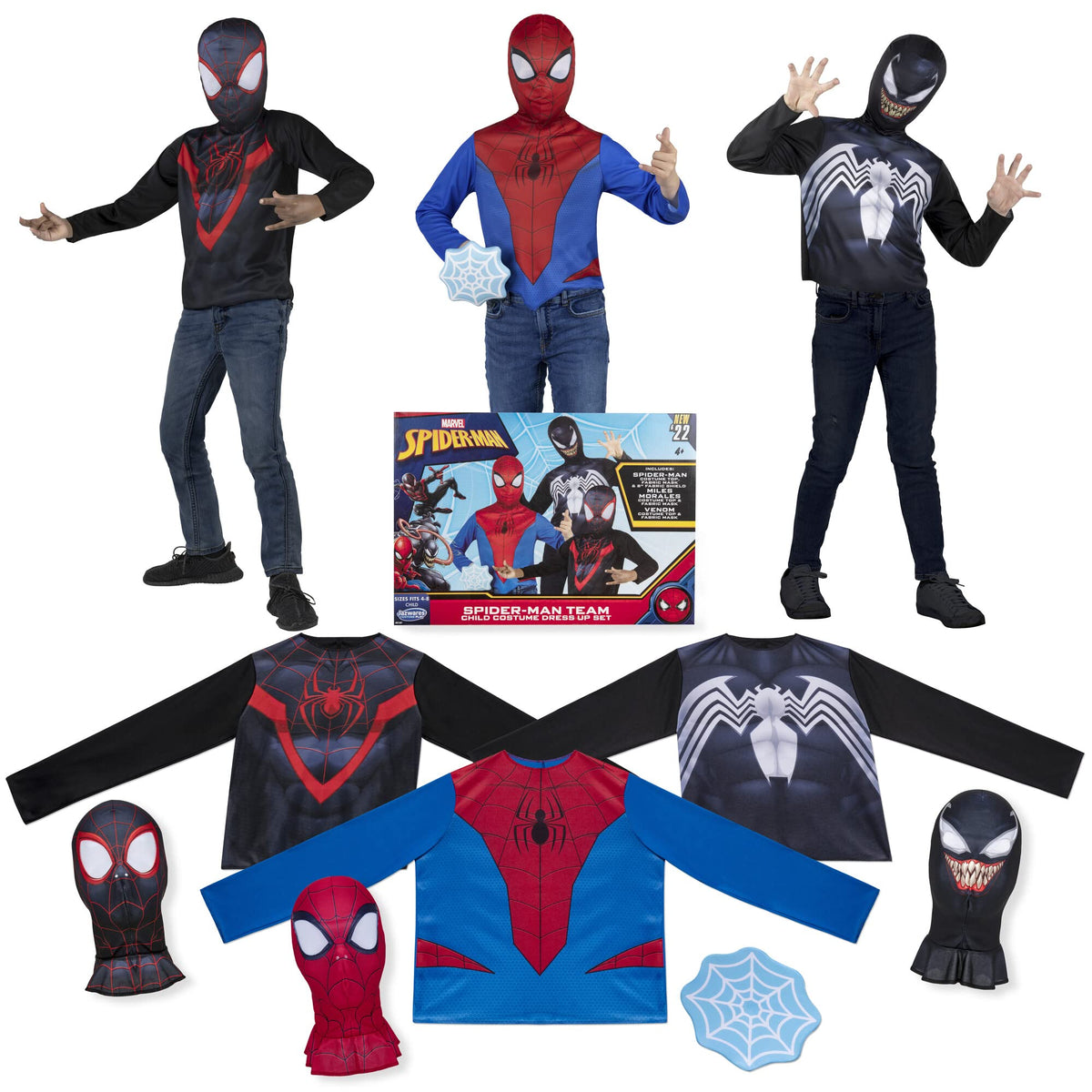 Marvel Spider-Man Team Halloween Costume Dress Up Box - Three Medium-Size Long-Sleeved Tops and Fabric Masks