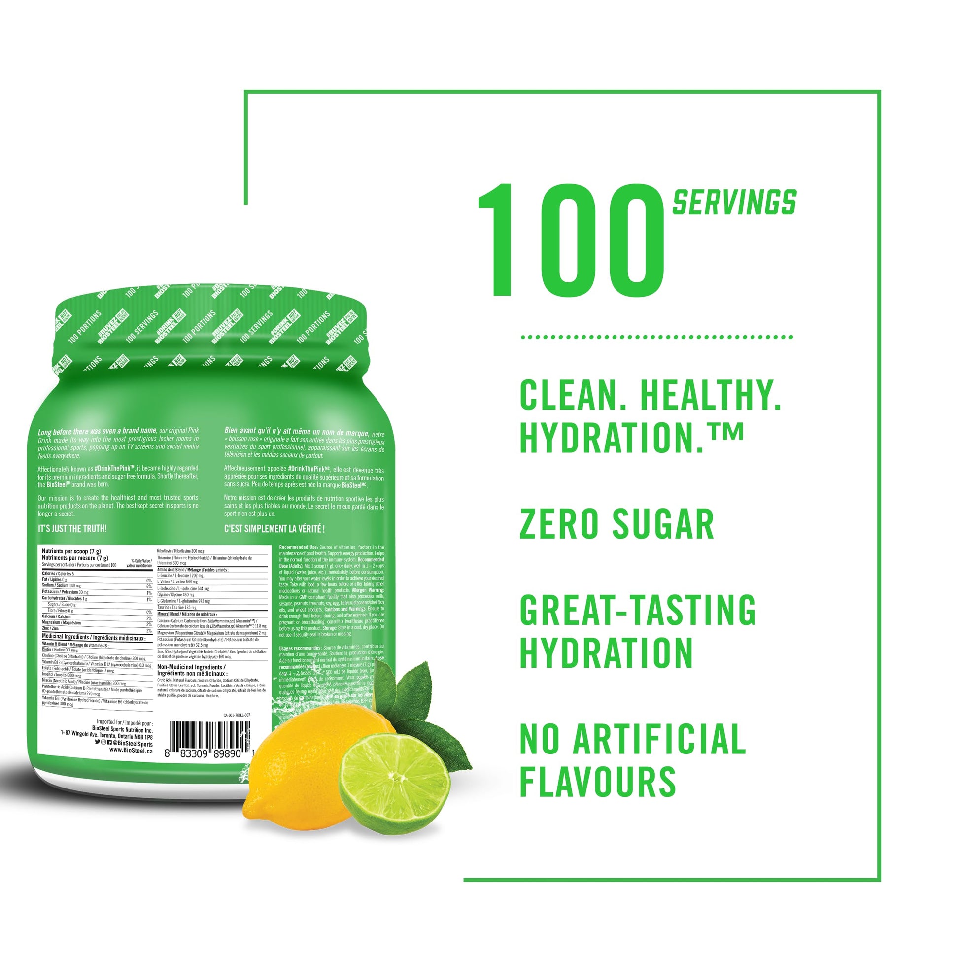 BioSteel Hydration Mix – Lemon Lime Flavor, Sugar-Free with Natural Stevia, 100 Servings