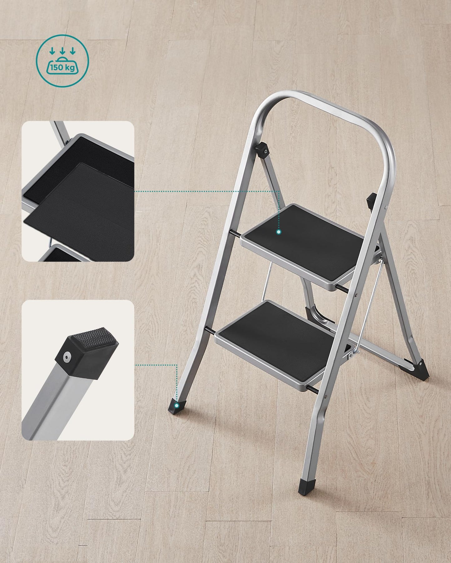 SONGMICS Step Ladder, 2-Step Ladder, Folding Ladder, Safety Lock, Space-Saving Storage, Holds up to 330 lb, Dove Gray UGSL012G01 SONGMICS