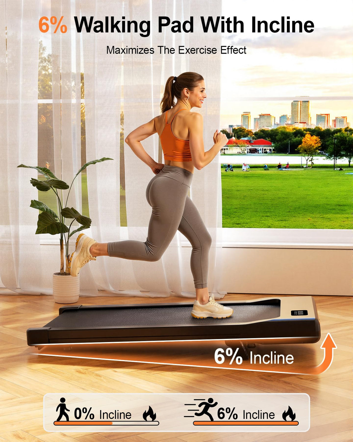 MJWW Walking Pad with 6% Incline, No-Assembly Under Desk Treadmill, 2.5 HP Quiet Motor, APP & Remote Control, LED Display, 300 lbs Capacity for Home/Office
