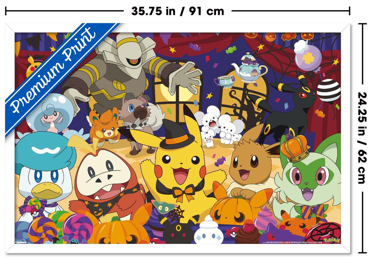 Pokémon: Halloween Party- Group Wall Poster, 34L" x 22.4W", White Framed Version