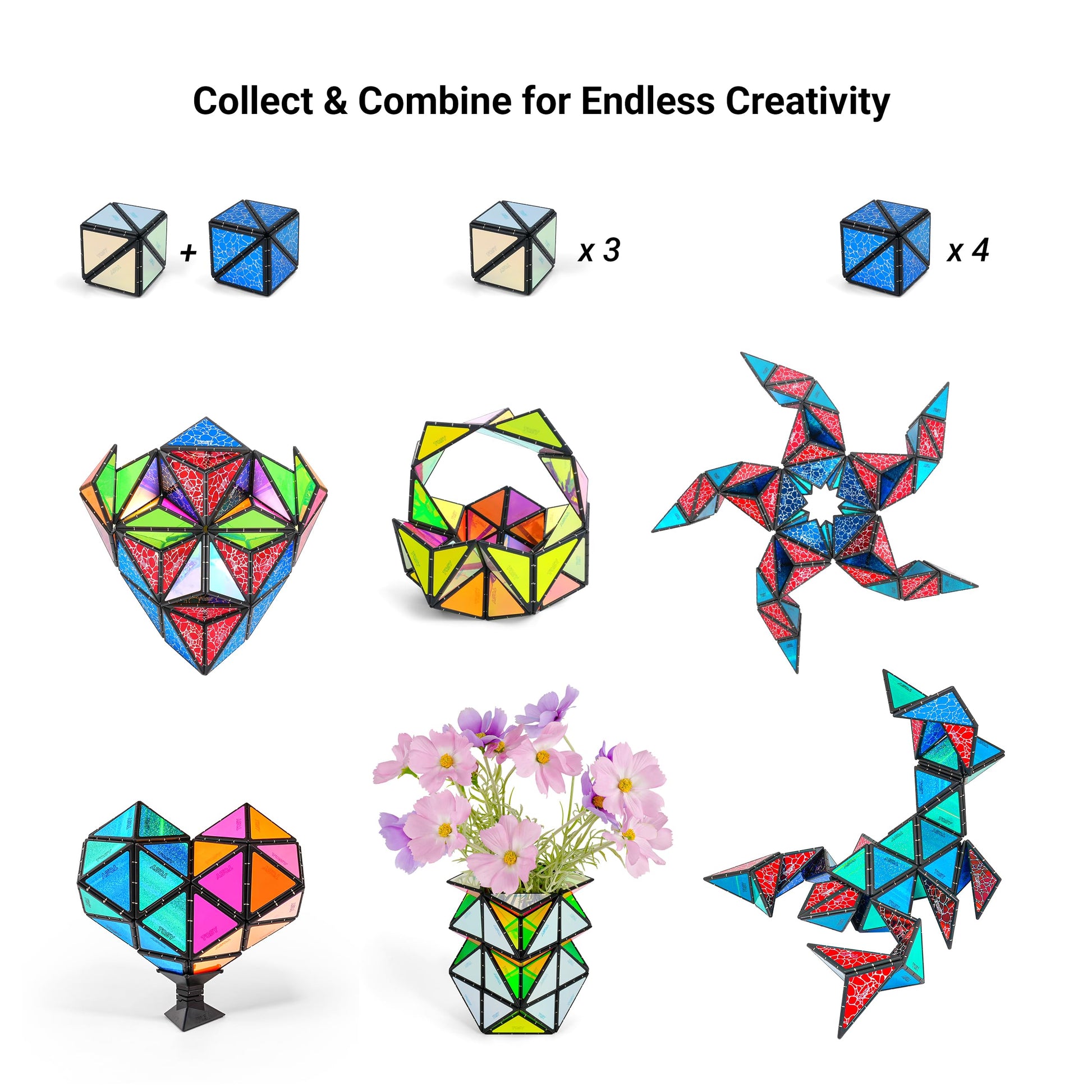 TOSY Magnet Pyramid Glow - 1 Cube Transforms into 1 Billion Shapes, 12 Pieces, 243 Rare Earth Magnets, Glowing, Holographic Design Magnet Tiles Creative Puzzle STEM/STEAM Toy