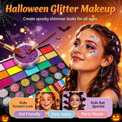 42 Colors Face Painting Kit for Kids，Professional Face Paint Makeup Kit Non-Toxic Water Activated Facepaint Palette with Brush, Stencil, Sponge, Gem, for Party Halloween Christmas 🍁 All In One Marketplace Canada