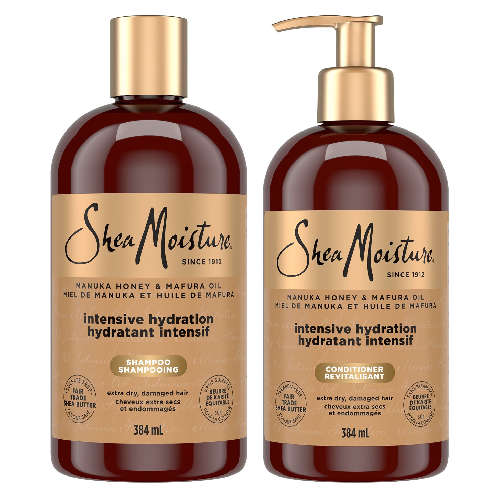 Shea Moisture Manuka Honey and Mafura Oil Shampoo and Conditioner For Extra Dry, Damaged Hair Formulated Without Sulfates, Silicones, Parabens, Phthalates, Mineral Oil or Petrolatum, 384ml (2-Pack) - Available at All In One Marketplace Canada