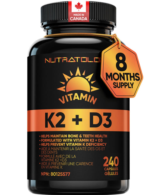 Nutratology® Vitamin K2 + D3 | Canadian-Made | Highest Potency 120MCG/1000 IU - 240 Capsules - Helps Maintain Bone & Teeth Health - Formulated With MK-7 For Best Results - Immune System Support.