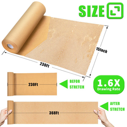 Honeycomb Packing Paper, MINHAO 15"x230' Eco Friendly Packing Paper for Moving Recyclable Honeycomb Paper Moving Supplies Bubble Wrapping Protective Roll, With 36 Fragile Sticker Labels