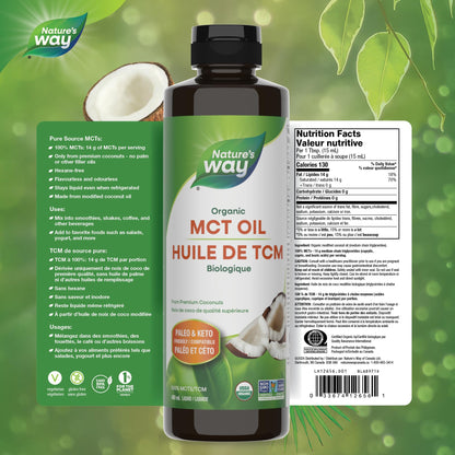 Nature's Way 100% Pure MCT Oil – Organic Coconut-Derived Medium Chain Triglycerides – No Palm or Filler Oils – Keto & Paleo Friendly – Non-GMO, Vegetarian, Gluten-Free, Flavourless – 480 mL Nature's Way