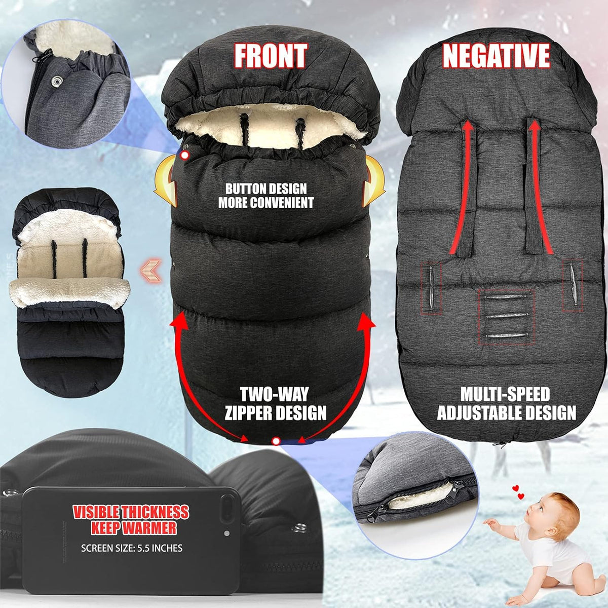 KERHAND Waterproof Winter Stroller Footmuff & Warm Bunting Bag 🍁 All In One Marketplace Canada