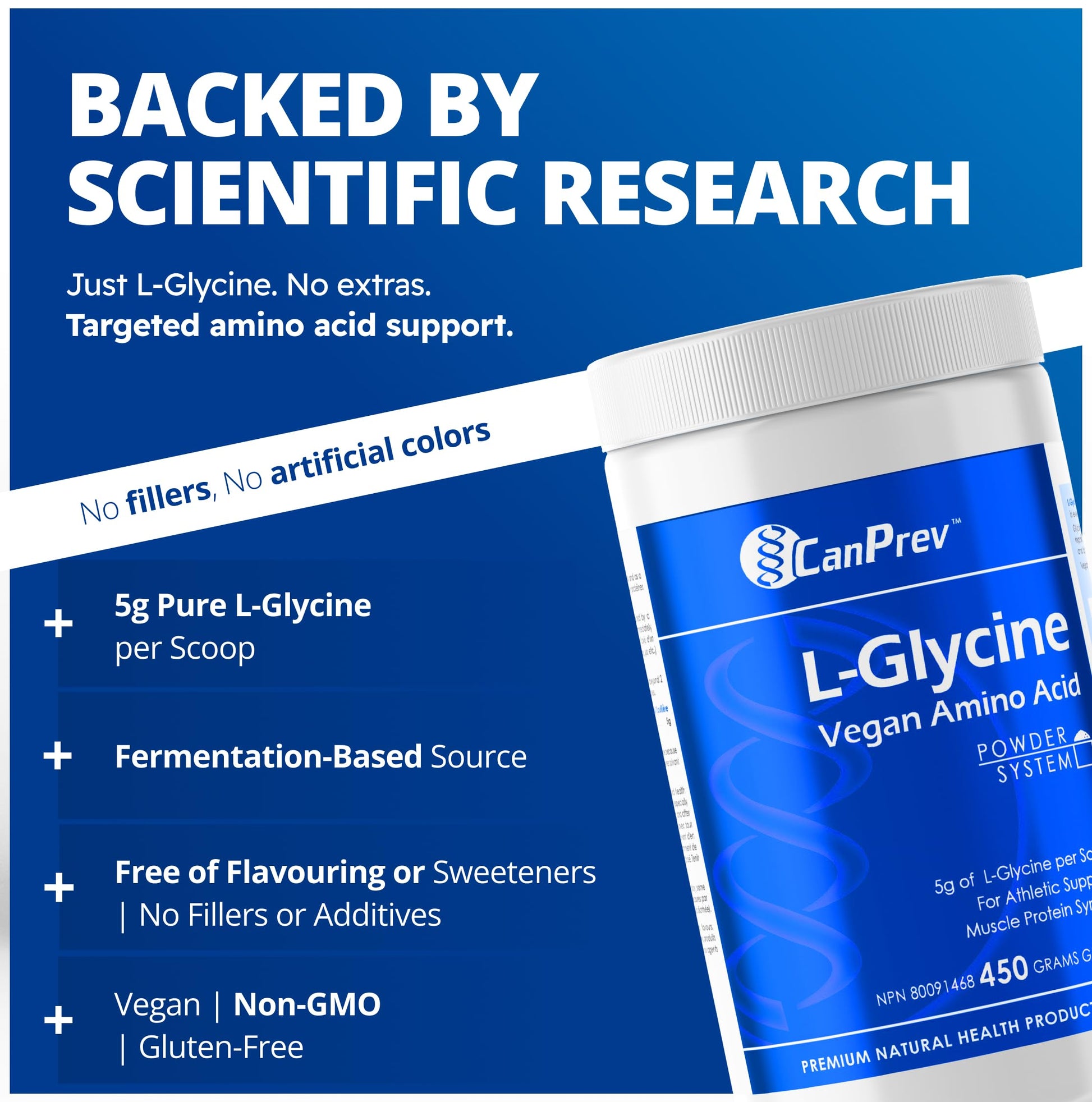 CanPrev L-Glycine Vegan Amino Acid Powder 450g – 90 Servings – Pure 5g Glycine for Active Lifestyle, Daily Calm & Recovery – Proudly Canadian-Made - Available at All In One Marketplace Canada