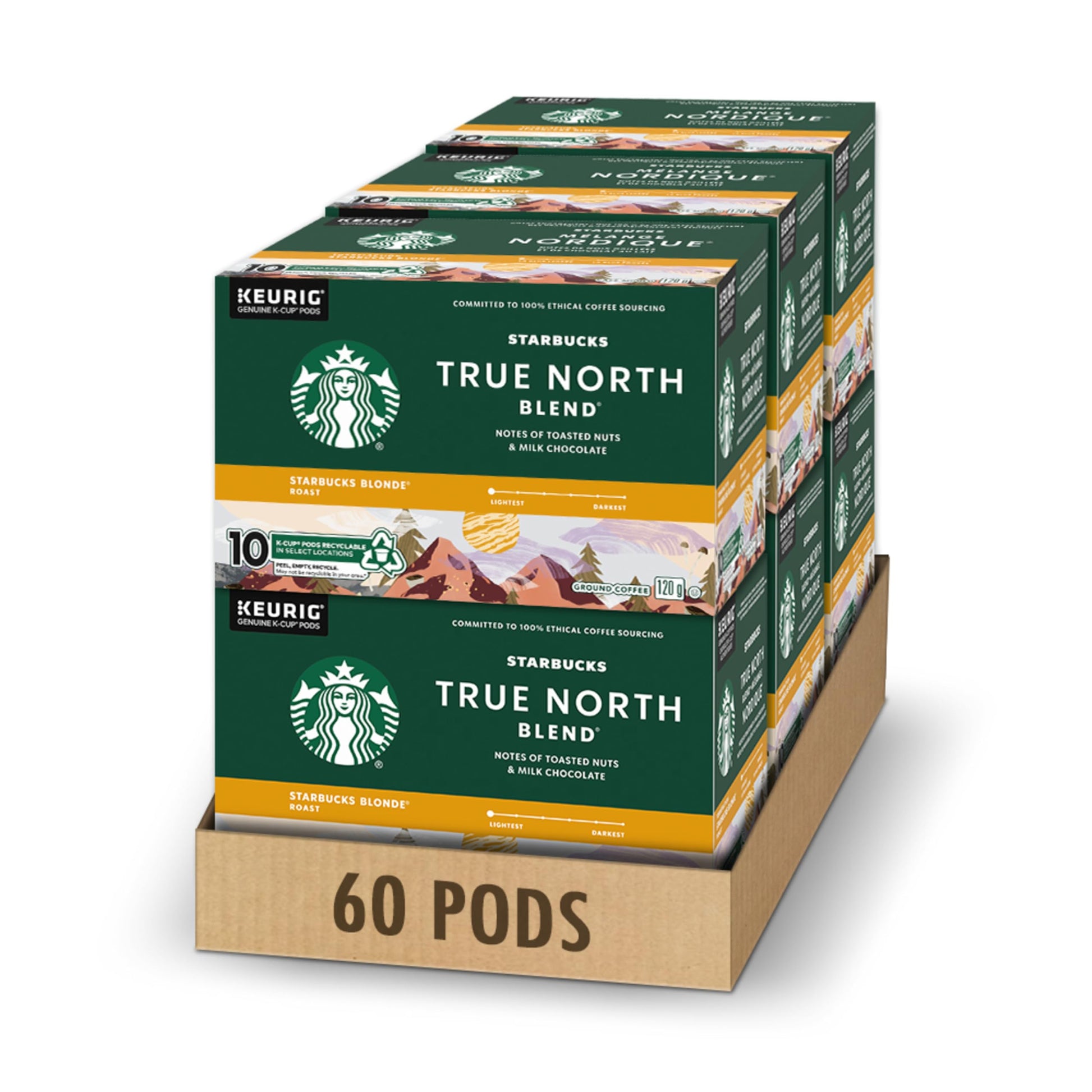 Starbucks True North Blonde Light Roast Coffee K-Cup Pods - 60 Count (6 Boxes)