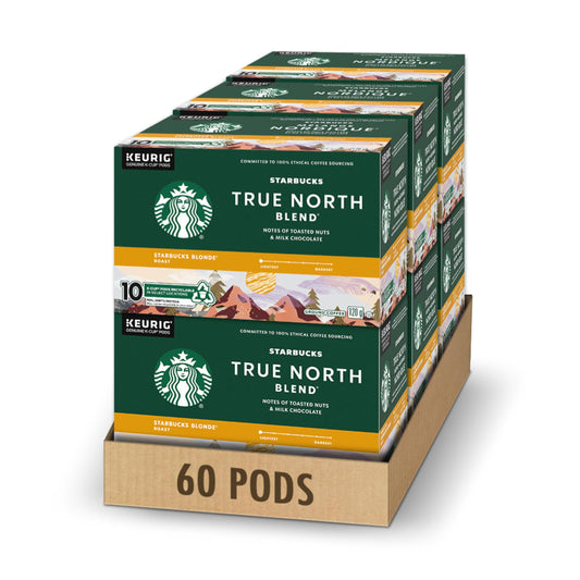 Starbucks True North Blonde Light Roast Coffee K-Cup Pods - 60 Count (6 Boxes)