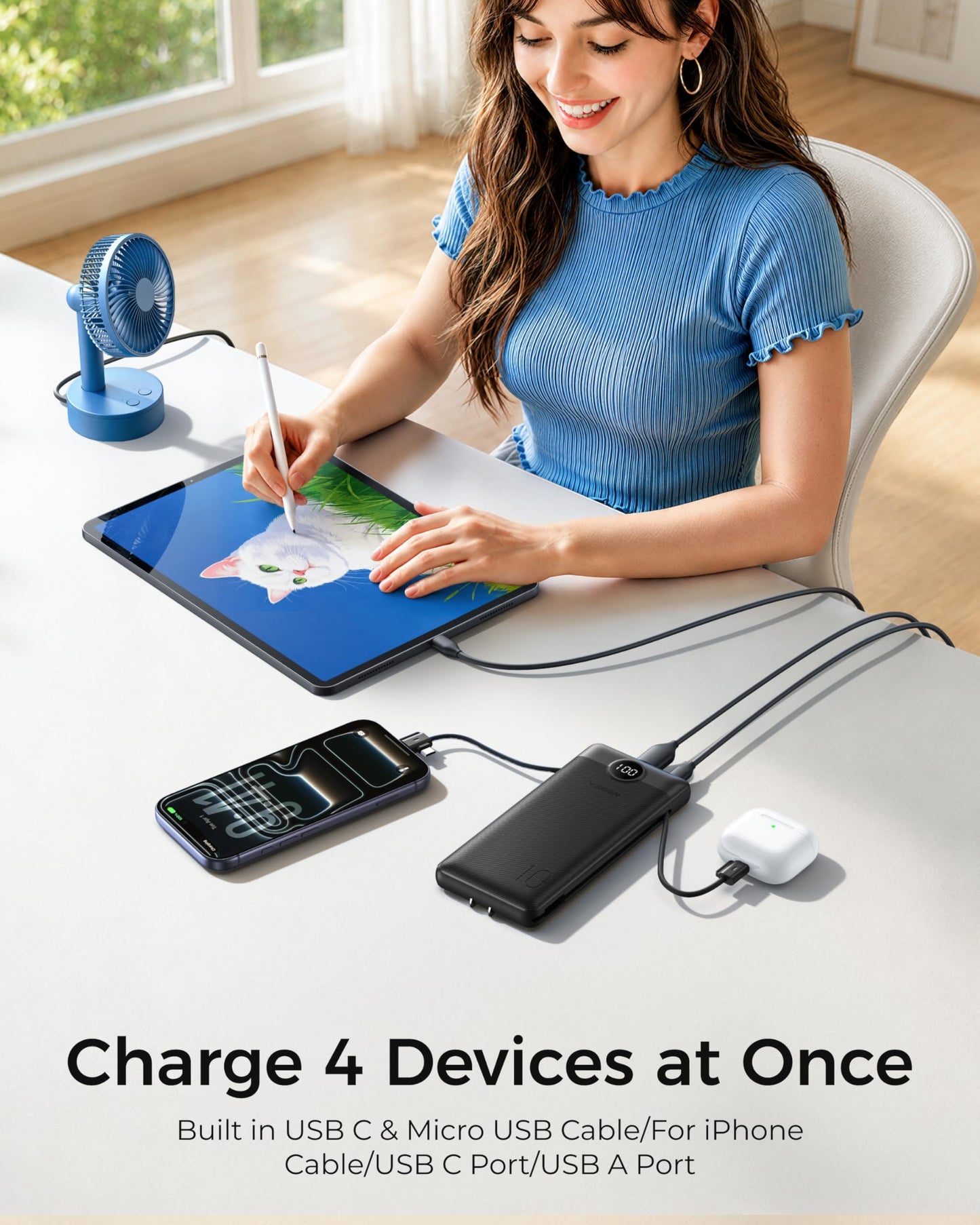 VEGER Portable Charger for iPhone Built in Cables and Wall Plug, 10000mah Slim Fast Charging USB C Power Bank, Travel Essential Battery Pack Compatible with iPhones, iPad, Samsung More Devices(Black) - Available at All In One Marketplace Canada