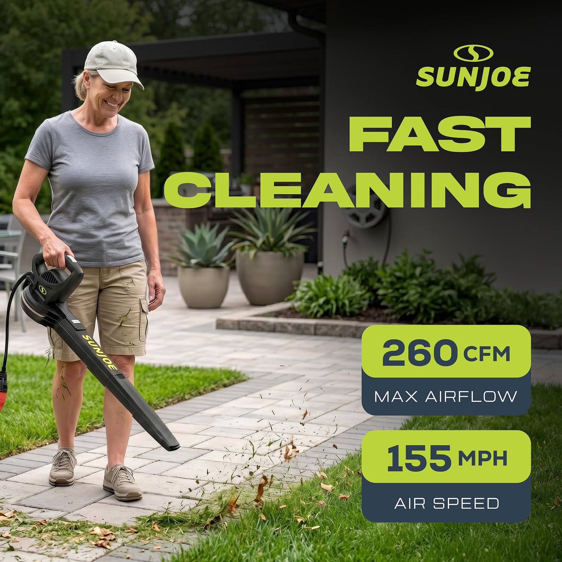 Sun Joe SBJ597E All-Purpose Electric Leaf Blower, 6-Amp Motor, 155 MPH, 260 CFM, Black - Lightweight & Compact, One-Hand Operation for Yards, Porches, Patios, Walkways, Decks, Garage & Light Snow Sun Joe