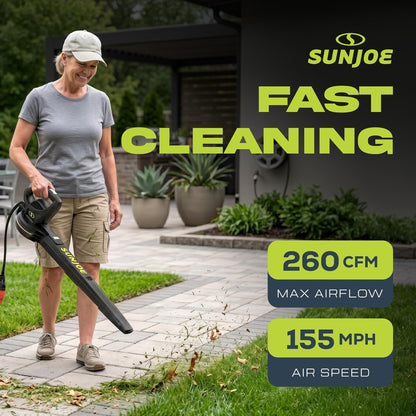 Sun Joe SBJ597E All-Purpose Electric Leaf Blower, 6-Amp Motor, 155 MPH, 260 CFM, Black - Lightweight & Compact, One-Hand Operation for Yards, Porches, Patios, Walkways, Decks, Garage & Light Snow Sun Joe