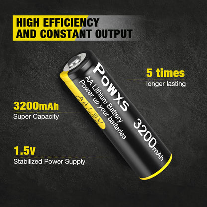 POWXS AA Lithium Batteries 3200mAh, 16 Pack 1.5V Lithium Iron Double A Batteries Super Capacity for Blink Camera, Video Doorbell, Flashlight, Toys, Remote Control 【Non-Rechargeable】