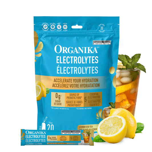 Organika Canadian-Made Electrolytes Powder with Vitamin C & Prebiotic Fibre - Sugar-Free Hydration Drink Mix - Lemon Iced Tea - 20 Single-Serve Sachets x 3.5g
