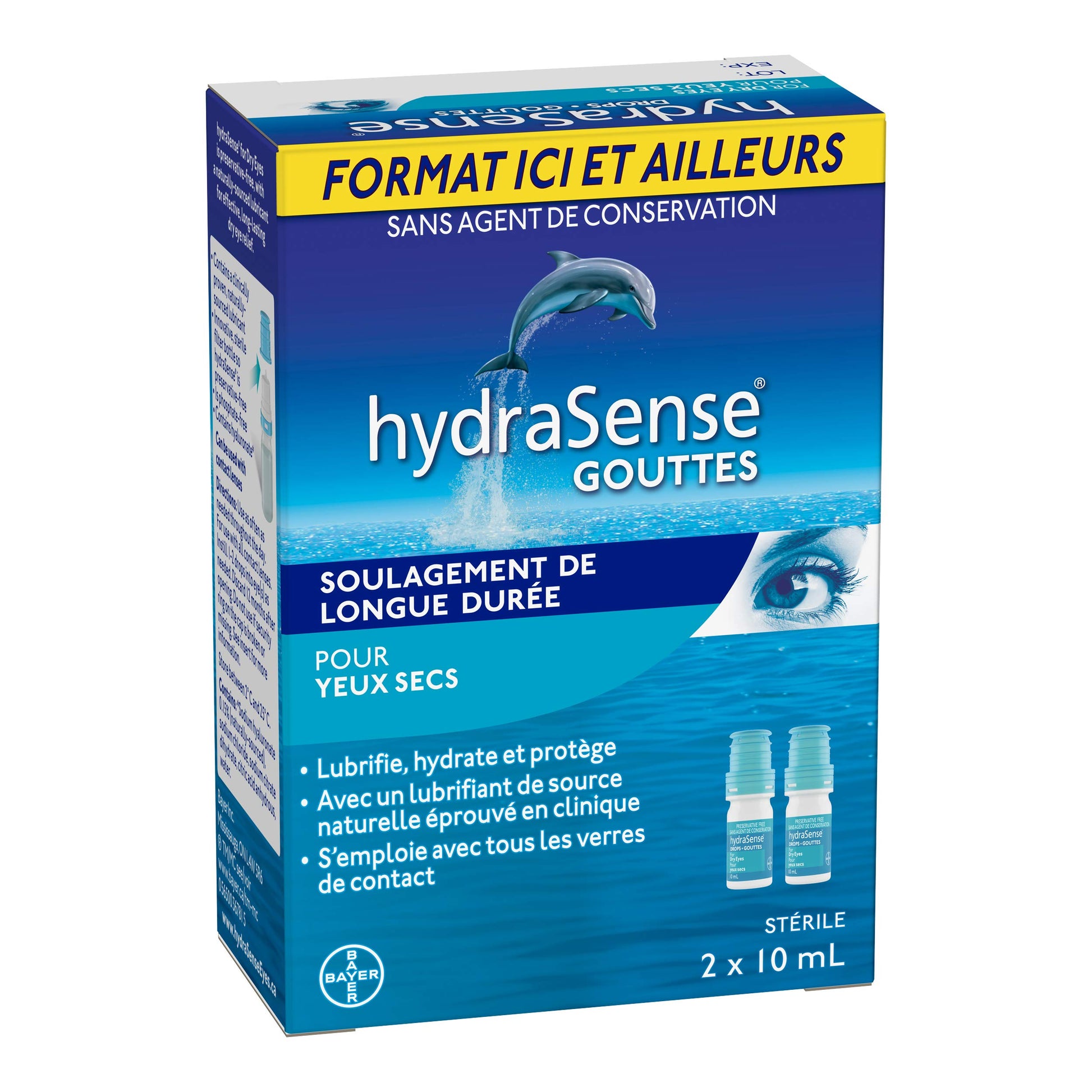 HydraSense Eye Drops, For Dry Eyes, Fast and Long-Lasting Relief, Preservative Free, Naturally Sourced Lubricant, Home and Away Twin Pack (2 x 10 mL), 20 mL HydraSense