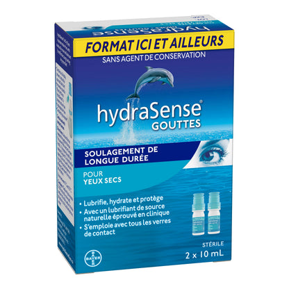 HydraSense Eye Drops, For Dry Eyes, Fast and Long-Lasting Relief, Preservative Free, Naturally Sourced Lubricant, Home and Away Twin Pack (2 x 10 mL), 20 mL HydraSense
