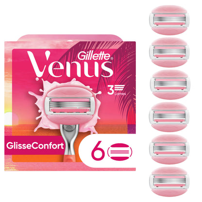 Gillette Venus ComfortGlide 3 Summer Surf Razor Blade Refills for Women, Women's Razor Blade Refills with Scented Carts with built-in shave gel bars, Fits Venus Reusable Razor Handles, 6 Refills Cartridges