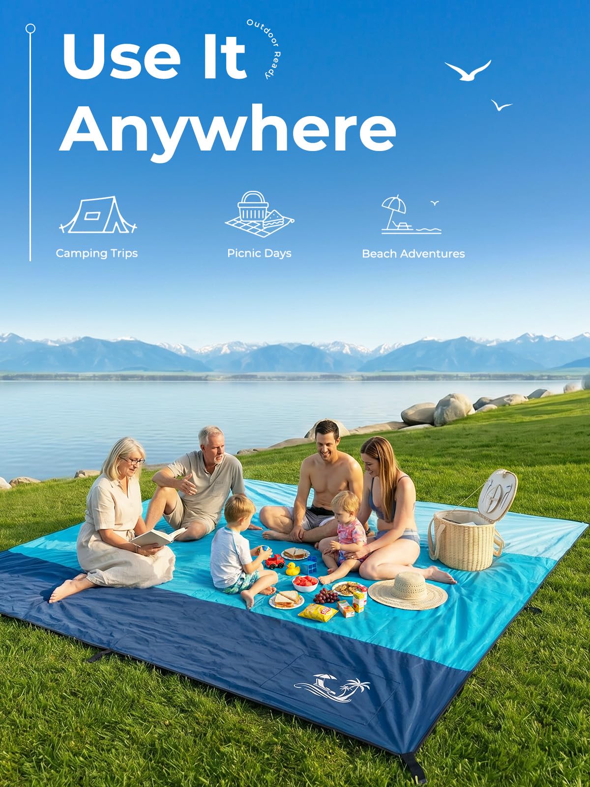 SOLNERY Large Beach Blanket Sand Proof Water Resistant, Beach Mat Sand Free Waterproof, Windproof, Stylish & Skin-Friendly, 8.2 x 6.8 ft, Fits 1–8 People, for Seaside, Picnic & Outdoor(Ocean Blue)