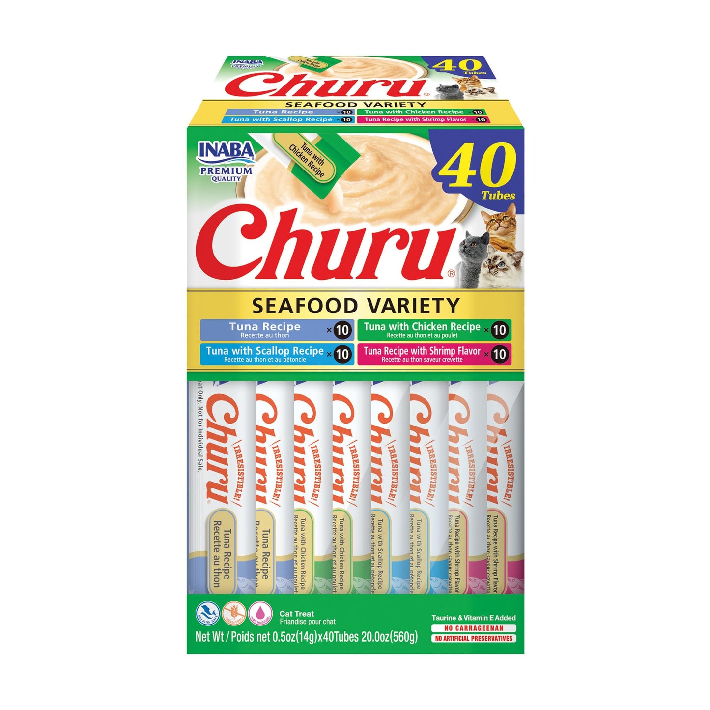 Friandises pour chats Churu d'INABA, purée onctueuse à lécher et presser, avec extrait de thé vert et taurine, 14 grammes par tube, 40 tubes, boîte assortie Thon et fruits de mer