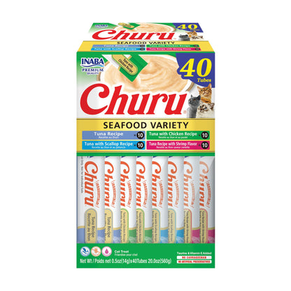 Friandises pour chats Churu d'INABA, purée onctueuse à lécher et presser, avec extrait de thé vert et taurine, 14 grammes par tube, 40 tubes, boîte assortie Thon et fruits de mer