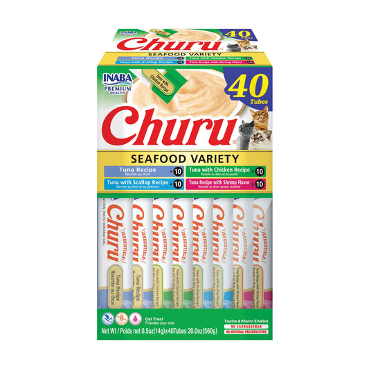 INABA Churu Friandises pour chats, purée crémeuse à lécher ou à presser avec extrait de thé vert et taurine, 14 grammes par tube, 40 tubes, variété thon et fruits de mer 🍁 All In One Marketplace Canada