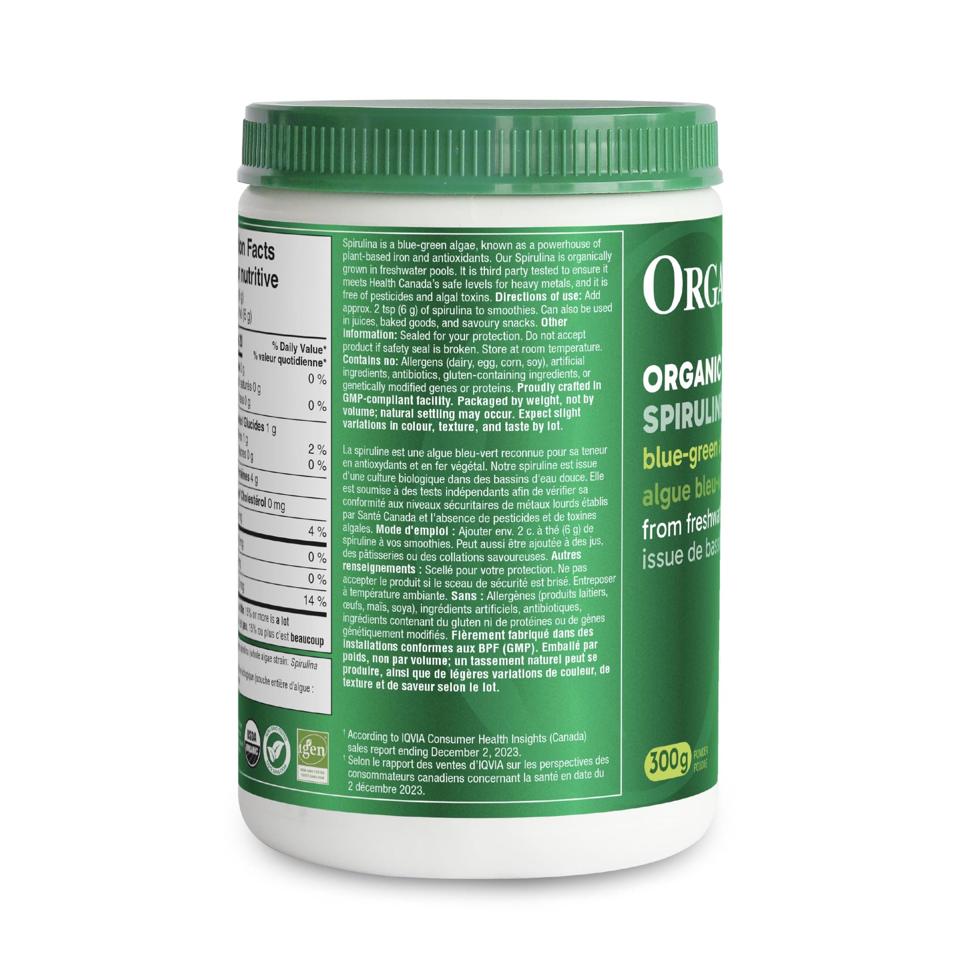 Organika Canadian-Made Certified Organic Spirulina Powder- Superfood, 3rd Party Tested, Pristine Sourcing, Vegan- 300g - Available at All In One Marketplace Canada