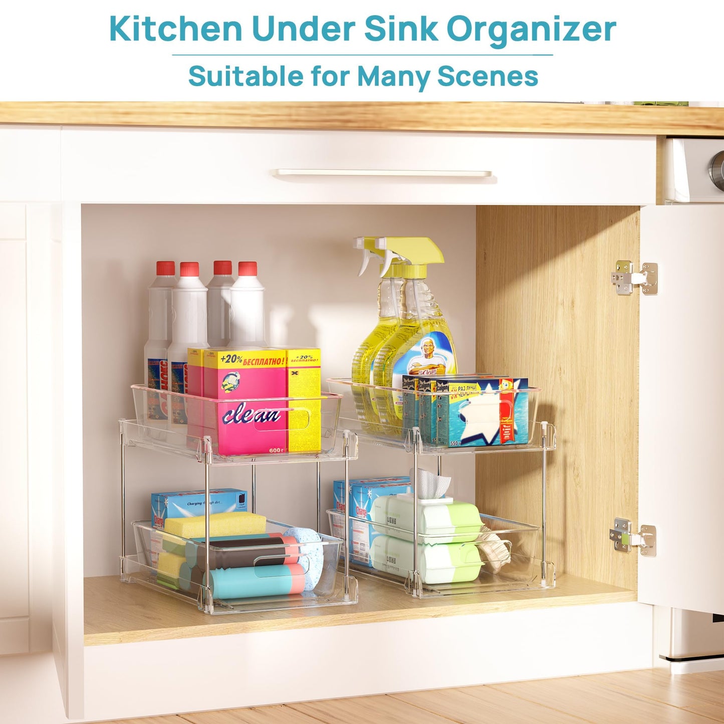 2 Tier Bathroom Storage Organizer, Vtopmart 4 Pack Clear Under Sink Organizers Vanity Counter Storage Container, Medicine Cabinet Drawers Bins, Pull-Out Organization with Track for Pantry, Kitchen