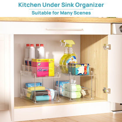 2 Tier Bathroom Storage Organizer, Vtopmart 4 Pack Clear Under Sink Organizers Vanity Counter Storage Container, Medicine Cabinet Drawers Bins, Pull-Out Organization with Track for Pantry, Kitchen