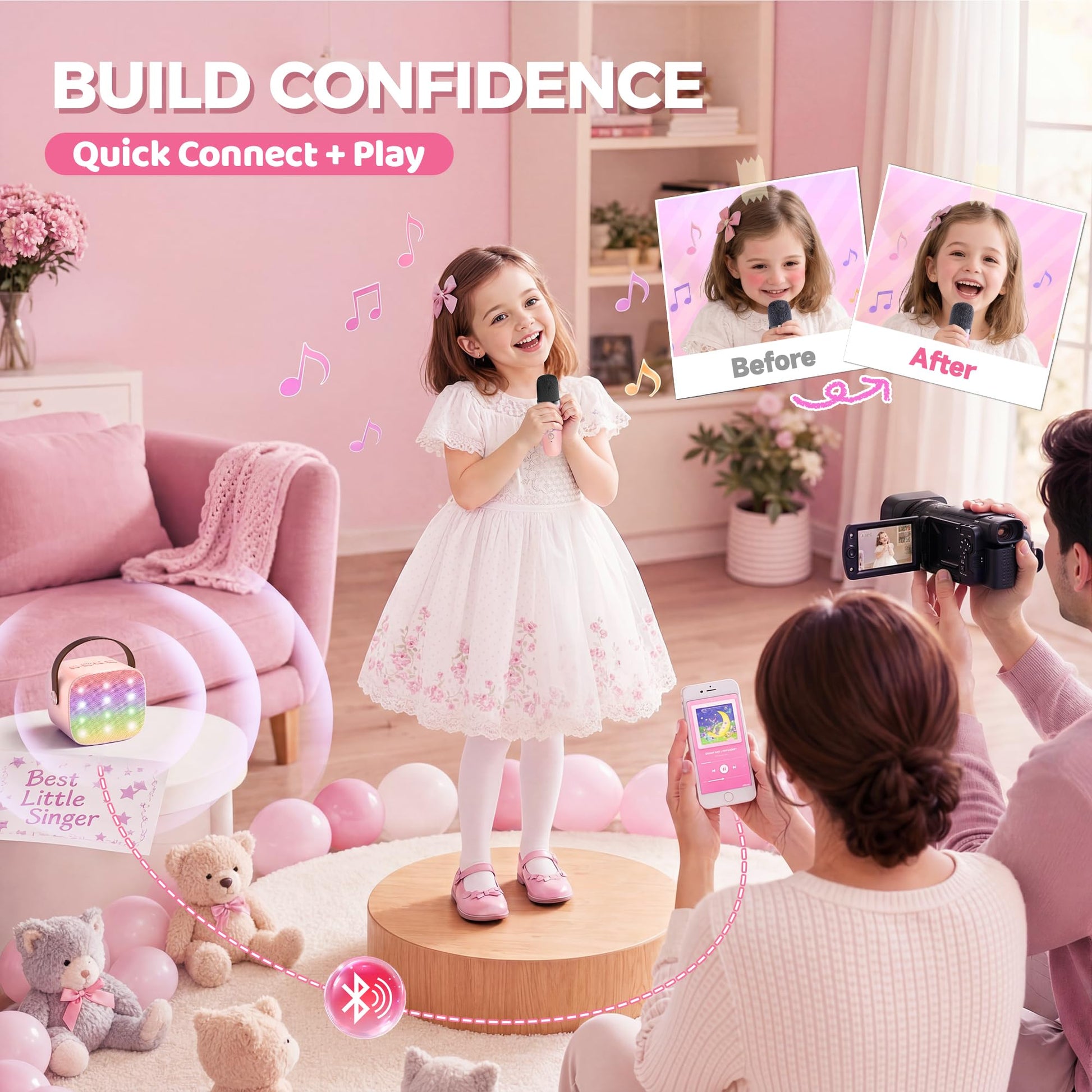 YLL Mini Karaoke Machine for Kids Adults, Bluetooth Speaker with 2 Wireless Microphones, TOP Christmas Birthday Gifts Toys for Girls Ages 3, 4, 5, 6, 7, 8, 9,10,11,12+ Years Old Toddler(Pinkcolor)